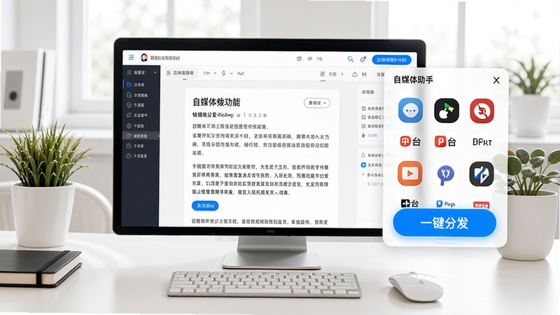 自媒体助手一键分发功能演示,画面中央为文章编辑界面,右侧悬浮窗展示多个平台图标,一键分发按钮高亮显示,背景为整洁工作台,风格简洁明亮,突出操作流畅与便捷性