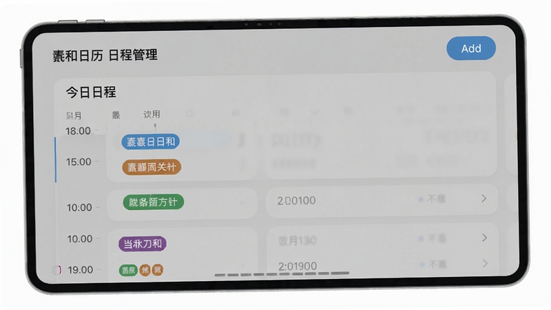 羲和日历日程管理界面,屏幕显示今日日程列表,包含时间轴和彩色标签,顶部有添加按钮,背景为浅灰色,卡片式设计,简洁清爽,突出任务管理功能,适合作为功能展示图,画面比例为16:9,高清渲染