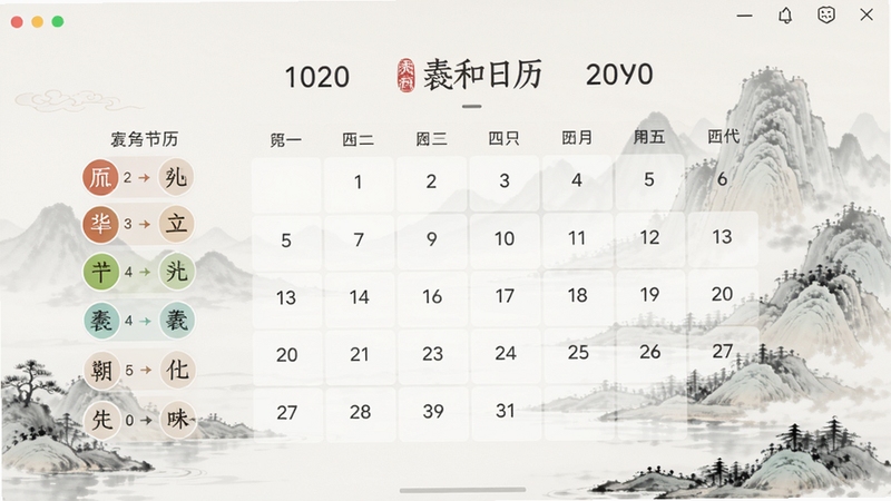 羲和日历主界面展示,画面中央为日历网格,上方显示年份月份,左侧有农历节气信息,背景为淡雅水墨山水,整体色调清新明亮,界面简洁现代,突出日历核心功能,适合作为软件预览图,画面比例为16:9,高清渲染