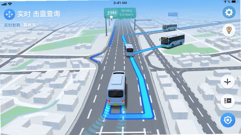 实时到站公交查询APP内地图界面,显示公交车实时位置和行驶轨迹,城市道路背景,蓝色路线标识,车辆图标动态移动,界面科技感强,高清截图风格