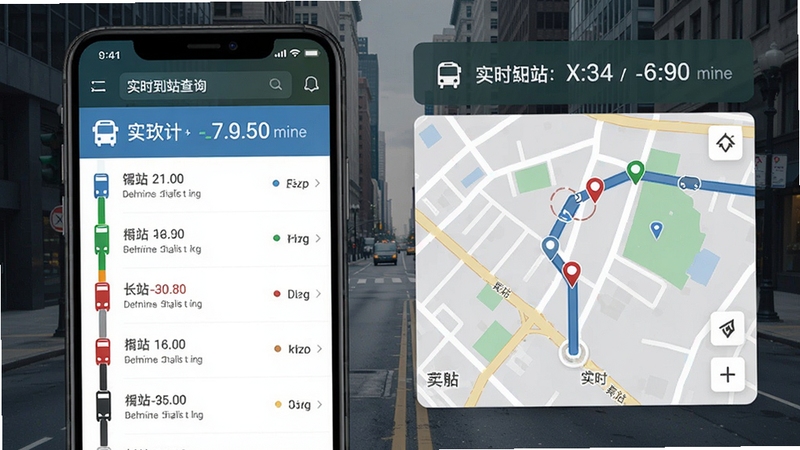 实时到站公交查询主界面预览图,展示公交线路列表和车辆实时位置地图,城市街道背景,界面简洁清晰,突出实时到站信息显示,现代移动应用风格,高分辨率