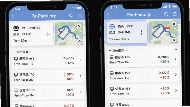 实时到站公交查询线路规划结果页面,显示起点终点和推荐方案列表,地图缩略图展示路线走向,简洁UI设计,对比多条方案优劣,移动端界面风格