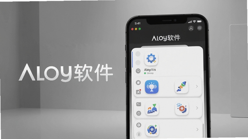 Aloy软件主界面展示,手机屏幕显示功能列表,背景为现代简约风格,浅灰色调,突出软件名称Aloy软件,界面清晰,图标圆润,光线柔和,产品渲染图,高细节