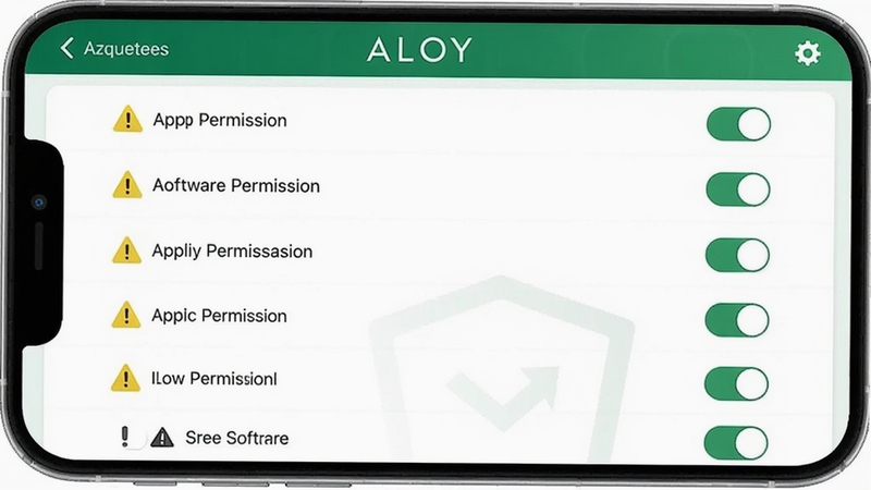 Aloy软件权限管理界面,手机屏幕显示应用权限列表,开关按钮状态,背景为绿色安全色调,突出Aloy软件名称,界面清晰,警示图标醒目,产品截图风格