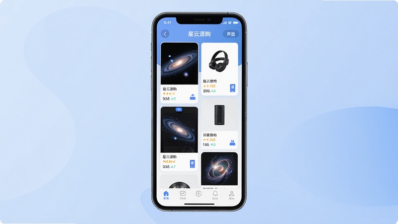 星云源购应用主界面预览图,手机屏幕展示商品瀑布流与底部导航栏,背景为柔和的渐变蓝色,商品卡片清晰可见,整体风格现代简洁,突出购物氛围,画面中心为APP界面,四周留白适合添加文字,16:9比例,高细节,4k画质