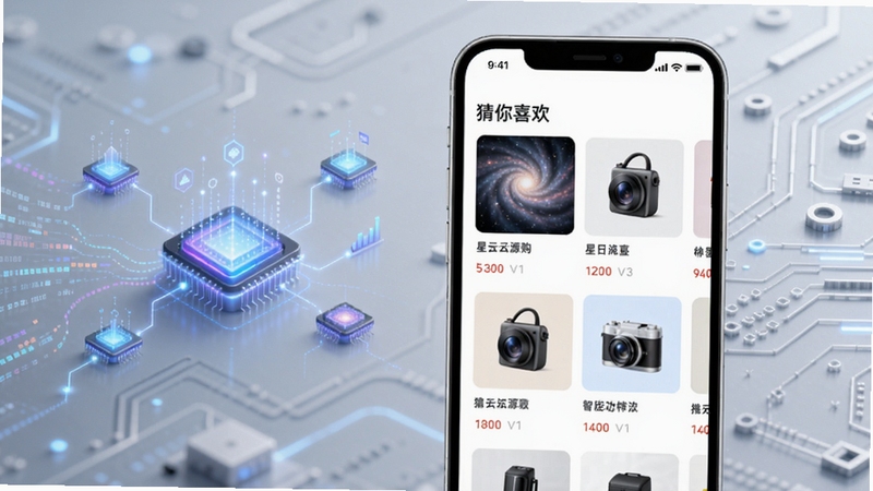 星云源购智能推荐功能展示图,画面中央为手机界面,上面显示“猜你喜欢”栏目,包含多种商品卡片,左侧有抽象的数据流和推荐算法图示,背景为浅灰色科技感纹理,整体色调明亮,突出人工智能与个性化概念,16:9构图,细节丰富