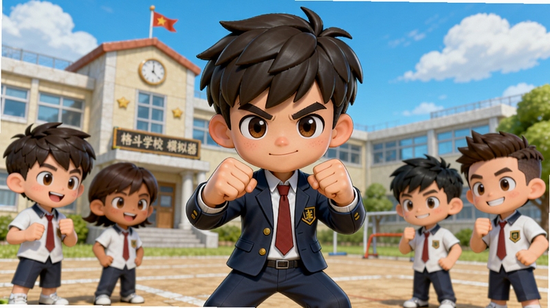 格斗学校模拟器主视觉图,一名穿着校服的少年站在学校操场上,周围有多个同学围观,少年握紧拳头摆出格斗姿势,背景是教学楼和蓝天白云,整体风格卡通明亮,人物比例Q版,动作充满动感,画面细节丰富,适合游戏宣传海报