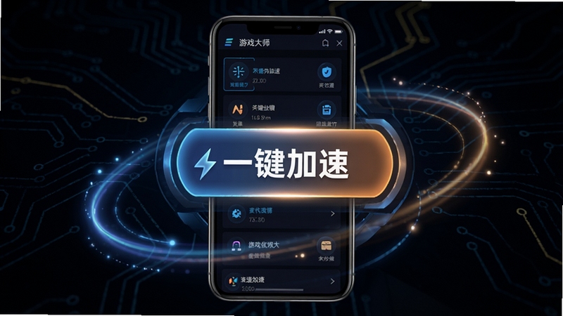 游戏优化大师主界面展示,中央为醒目的“一键加速”按钮,背景为深色科技感线条与光效,整体风格简洁现代,突出软件核心功能,画面主体为手机屏幕内的软件界面,周围环绕轻微动态光晕,适配竖屏展示