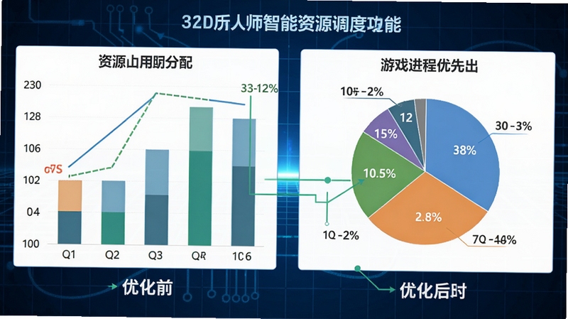 游戏优化大师智能资源调度功能示意图,画面左侧为优化前的资源占用柱状图,右侧为优化后游戏进程优先的饼图,背景为蓝色科技网格,简洁明了,突出资源分配的前后对比,整体风格专业清晰