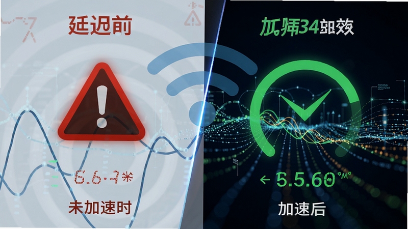游戏优化大师网络加速效果对比图,左半部分为未加速时的高延迟红色警告图标,右半部分为加速后的绿色低延迟数值,背景为网络信号波纹与数据流线条,突出加速前后的差异,整体色调对比鲜明