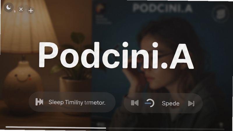 Podcini.A 播放界面截图,展示睡眠定时器和倍速控制按钮,背景为模糊的专辑封面,突出软件名称Podcini.A,画面氛围温馨,适合夜间使用场景,细节精致,适合Boogu模型生成