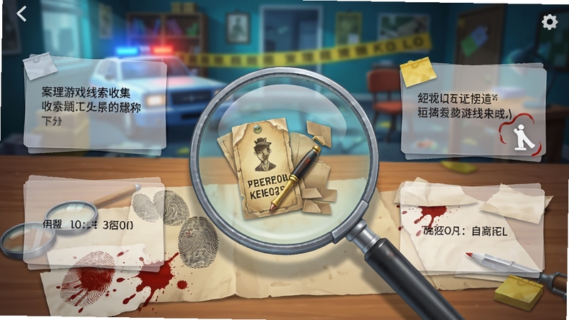 案理游戏线索收集界面预览图,画面展示放大镜查看桌面上的关键证物,周围有指纹、血迹、纸条等元素,UI采用半透明卡片式设计,线索文字清晰可读,背景是虚化的案发现场,整体色调明亮,突出细节与逻辑感。