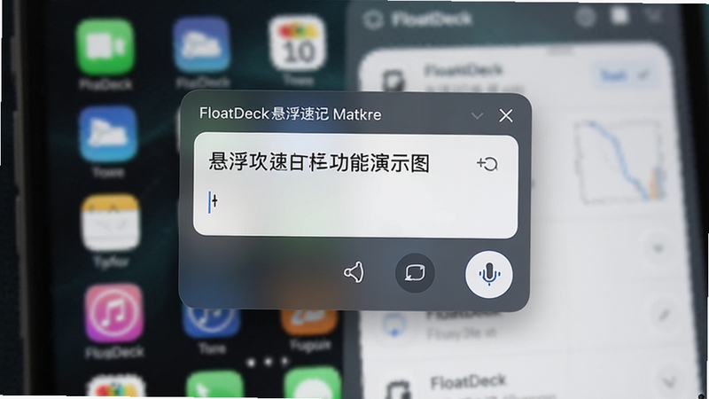 FloatDeck悬浮速记功能演示图,显示在任意应用上悬浮的速记窗口,包含文字输入框和语音按钮,背景为模糊处理的应用界面,画面清晰,重点突出