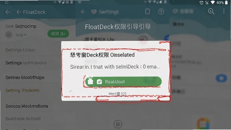 FloatDeck权限设置引导界面截图,展示悬浮窗权限开启步骤,背景为手机设置界面,红框标注关键位置,清晰易懂