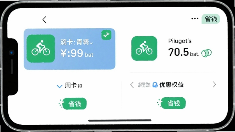 �ε����App�ڵ��Ż��ײ͹���ҳ���ͼ���ͼ��������ʾ�ܿ�/�¿��۸���Ȩ�棬������ɫ����ͼ���롰ʡǮ����ǩ������Ϊ�ֻ���Ļ�߿򣬻���������