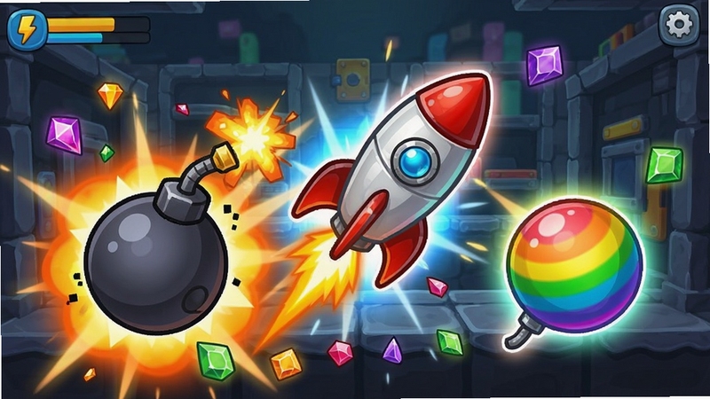 Puzzle Heist������Чչʾͼ����ʾը����������ʺ�����������ͬʱ��ը���ſ�Ч�������������Ч�Ͳ�ɫ��ʯ��Ƭ������Ϊ��Ϸ�ؿ��ڳ������Ӿ������ǿ����ͨ���
