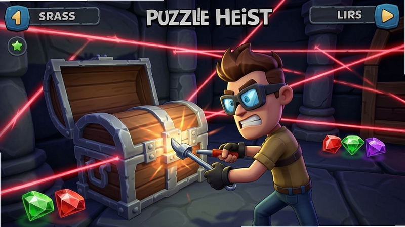 Puzzle Heist���Գ�����Ϸ��ͼ����ʾ��ɫʹ���������ߴ򿪱���Ķ�������Χ�м���������ͱ�ʯԪ�أ�������н��Ŵ̼��ķ�Χ����ͨ��Ⱦ���UI��������