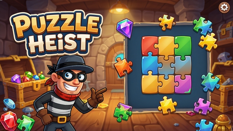 Puzzle Heist��Ϸ������Ԥ��ͼ��չʾ��ϷLOGO����ͨ���ĵ�����ɫ��ƴͼ�ؿ�ѡ�񳡾�����������ɫ�ʷḻ�����ж�ʱ�ʯ��ƴͼ��ƬԪ�أ�����Ϊ�ر��ⷿ��������������Ȥ��������Ϸ��ͼ��ʽ