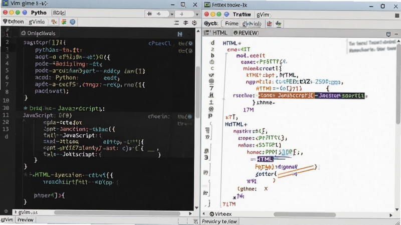 gVim ��̽��棬չʾ���ֱ�����Ե��﷨����Ч�������� Python��JavaScript �� HTML ���룬���ڷ�����ʾ�����Ԥ����ɫ�ʷḻ��רҵ