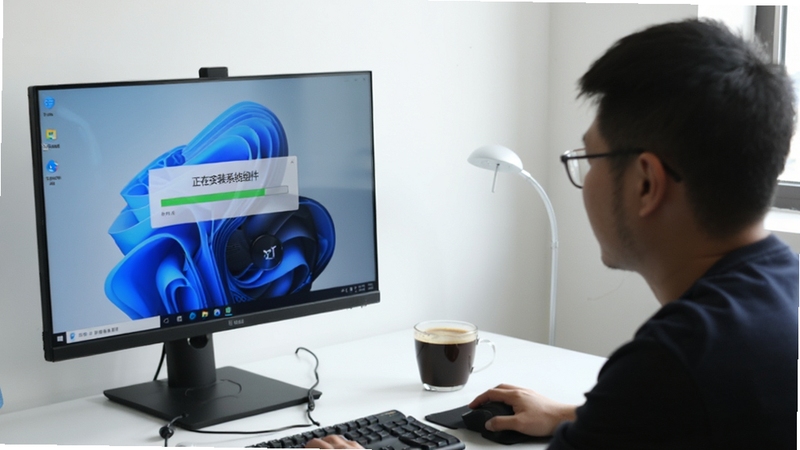 ʯ��ʦװ����ʦ��Windows 11���������е�ʵ����Ƭ����Ļ��ʾ�����ڰ�װϵͳ������Ľ�����������ǽ��Ϊ��Լ�İ�ɫ�칫�������Ϸ���һ�����ȣ��������������ͣ�����������Ϣ��չʾ������ʵ�����滷���е���ʵʹ�ó�����