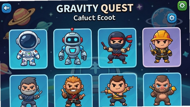 Gravity Quest��ɫƤ��չʾ���棬չʾ�����ͬ���Ŀ�ͨ��ɫ�������Ա�������ˡ����ߵȣ��������룬����Ϊ��Ϸ�����棬UI��Ƽ�࣬ɫ�ʷḻ