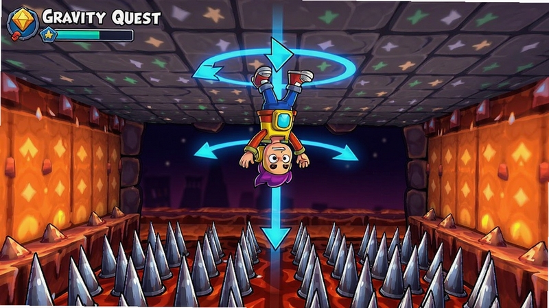Gravity Quest��Ϸ�ڽ�ͼ����ɫ���컨���ϵ������ߣ��·��ǲ�����̵����壬��ɫ��Χ����ɫ����������ָʾ�ߣ�����ϸ�ڷḻ��ɫ�ʶԱ���������ͨ���