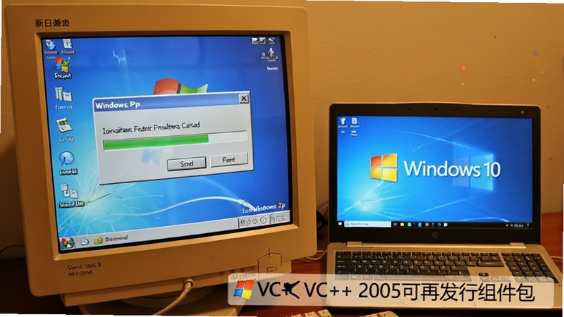һ̨��ʽ̨ʽ������ʾ������ʾWindows XPϵͳ���棬��Ļ�������һ�����ڰ�װ�������ĶԻ����Ա߷���һ��Windows 10�ʼǱ����ԣ��γ��¾�ϵͳ�Աȣ�������ܰ���ɣ�ǿ�����������ԣ�����VC++ 2005���ٷ������������ǩ