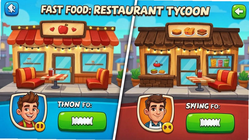 Fast Food: Restaurant Tycoon �罻�������棬չʾ���Ѳ������ʳ������������ѽ�ɫ����ͻ�����ť����ͨ��񣬱���Ϊ���Ҳ�ͬװ�޷��Ĳ������ţ�ɫ�ʷḻ�������罻������Χ���ʺ���Ϸ����ͼ��