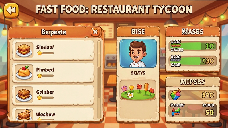 Fast Food: Restaurant Tycoon ��Ӫ���Խ��棬չʾ����������壬������Ʒ�б���Ա��״̬���������ݣ���ͨUI��ƣ���Ϣ����������Ϊ�����ھ���ůɫ����ͻ�����Թ滮���Ӿ�Ԫ�أ��ʺ���Ϸ������ͼ��