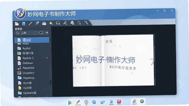 妙网电子书制作大师的主界面预览图,展示其简洁的工具栏、左侧文件列表和右侧预览窗口,背景为淡蓝色渐变,整体风格现代且专业,突出软件名称“妙网电子书制作大师”的Logo,画面清晰明亮,适合软件介绍场景