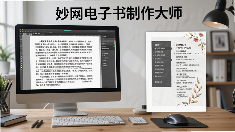 妙网电子书制作大师的智能排版功能展示,左侧显示原始文本,右侧展示自动生成的目录和精美排版效果,背景为工作台场景,包含电脑屏幕和鼠标,突出软件名称“妙网电子书制作大师”,画面风格写实,细节丰富