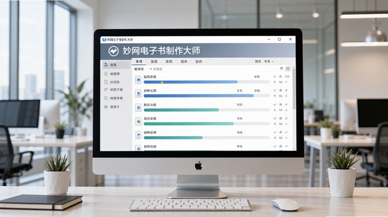 妙网电子书制作大师的批量处理界面,展示多个文件同时转换的进度条列表,界面简洁清晰,背景为现代办公室环境,电脑屏幕上显示软件操作窗口,突出软件名称“妙网电子书制作大师”,画面色彩柔和,充满科技感