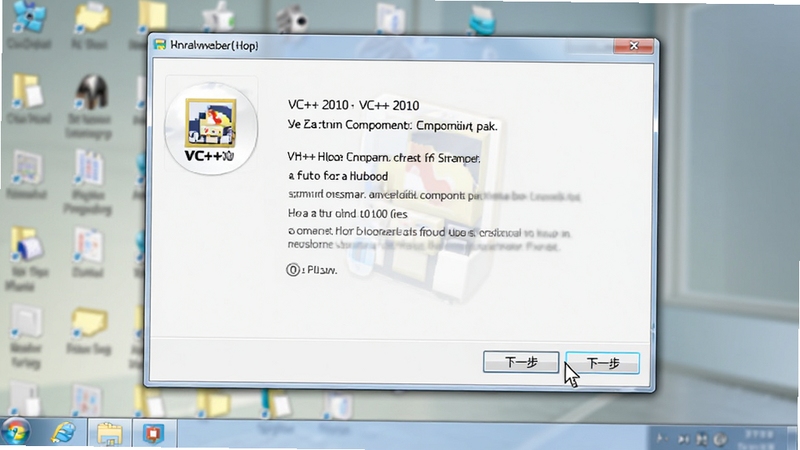 生成一张写实风格的电脑屏幕截图,显示VC++ 2010可再发行组件包的安装向导界面,鼠标指针悬停在“下一步”按钮上,背景是模糊的桌面图标和任务栏,画面色调柔和,突出步骤清晰、操作简单的特点。