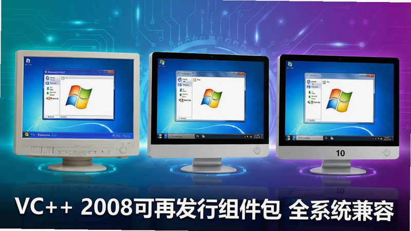 一张多设备兼容性展示图,画面中并排摆放着运行Windows XP、Windows 7、Windows 10的电脑屏幕,每台屏幕上都显示着相同的应用程序窗口,底部标注“VC++ 2008可再发行组件包 全系统兼容”,背景为渐变色,整体风格科技感强,突出广泛兼容特性