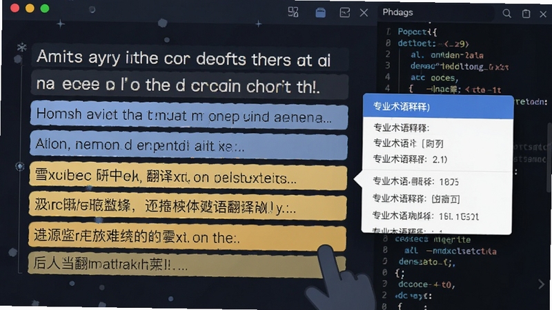 雪人翻译软件双语对照翻译功能特写,界面展示一段英文原文与中文译文逐行高亮对齐,右侧带有专业术语释义弹窗,背景为深色代码风格,突出数据精准处理能力,图片风格为现代科技感扁平插画。