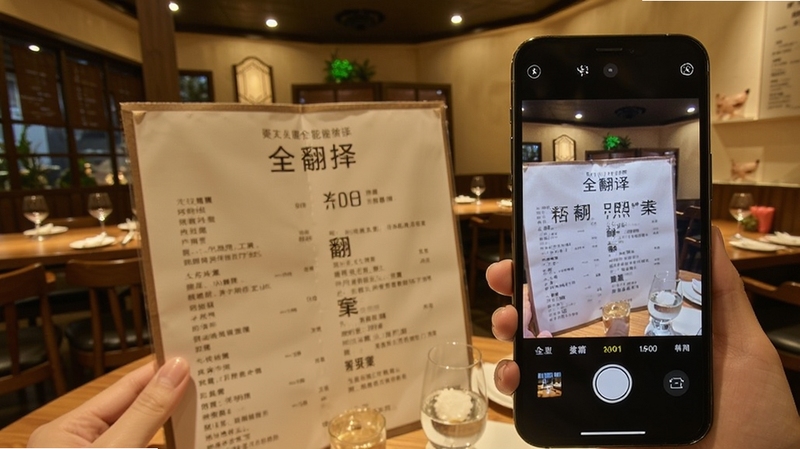 全能翻译官拍照翻译功能效果图,手机摄像头对准餐厅菜单,屏幕实时显示翻译后的中文内容,背景为温馨的餐厅环境,突出识别准确与实用。