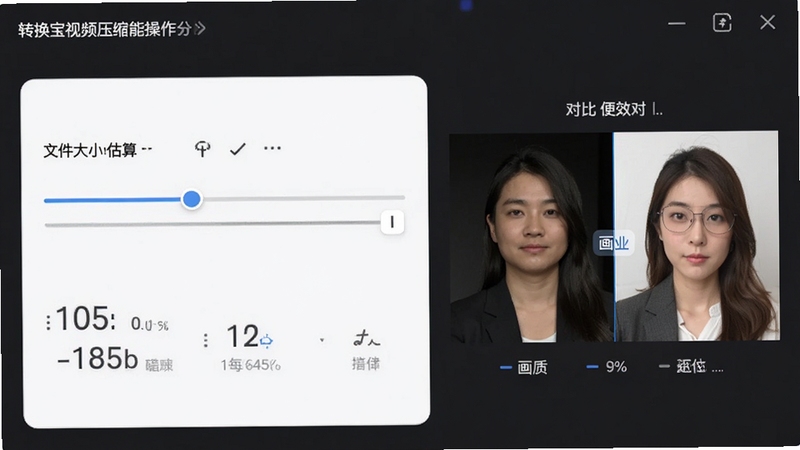 视频格式转换宝视频压缩功能操作界面,背景为深色主题,界面中显示一个滑块正在调整视频码率,左侧有文件大小估算显示,右侧为画质对比预览图,整体视觉效果直观,突出功能的高效与便捷
