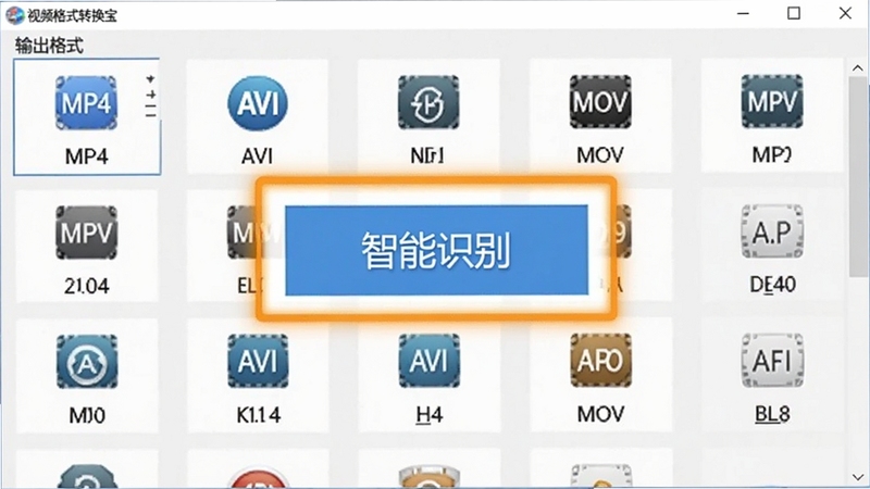 视频格式转换宝格式转换功能截图,画面展示软件界面中丰富的输出格式选择列表,包含MP4、AVI、MOV等图标,背景为浅灰色调,中心位置用高亮框突出显示“智能识别”功能按钮,整体风格专业且信息清晰