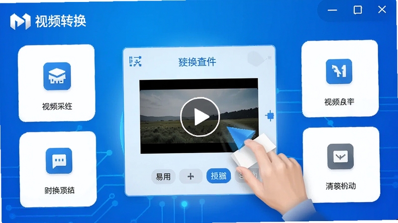 视频格式转换宝主界面预览图,显示软件logo与简洁的功能图标排列,背景为科技感蓝色渐变,界面中央展示一个视频文件拖拽到转换框体的动态场景,整体风格明亮清晰,突出软件易用性与多功能特点