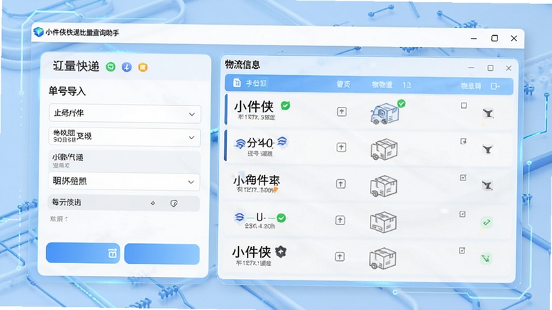 小件侠快递批量查询助手主界面预览图,展示软件整体布局,左侧为单号导入区域,右侧为物流信息列表,背景为淡蓝色科技感界面,整体风格简洁明亮