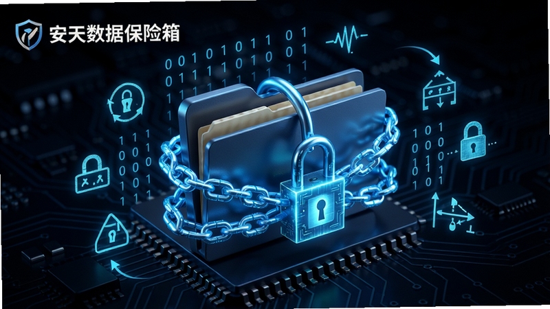一张安天数据保险箱加密过程的示意图,画面中心是一个被数字锁链缠绕的文件夹,周围有发光的二进制代码和加密算法符号,背景为深色电路板纹理,左上角显示“安天数据保险箱”的Logo,整体呈现科技感与安全感的视觉风格