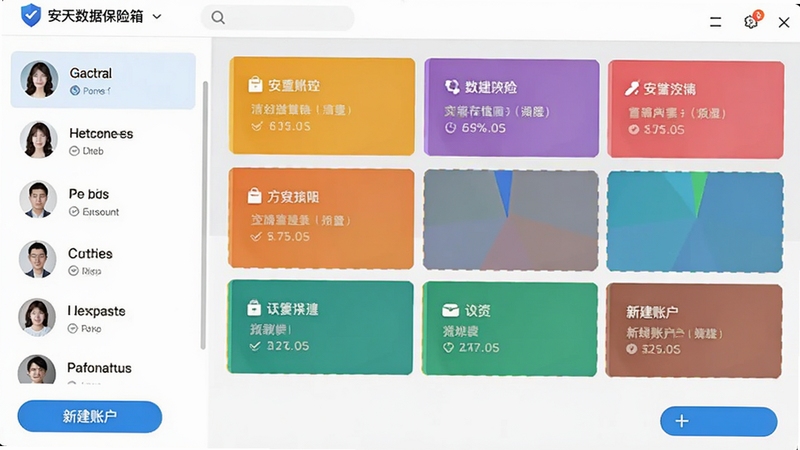 安天数据保险箱多账号管理界面的截图预览,画面左侧是用户头像列表,右侧是文件存储空间饼状图,每个账户区域用不同颜色的卡片区分,底部有“新建账户”按钮,整体UI设计简洁明快,背景为浅灰色,突出“安天数据保险箱”的品牌标识