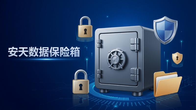 一张展示安天数据保险箱软件主界面的产品预览图,画面中央是一个质感厚重的金属保险箱图标,四周环绕着加密锁、盾牌、文件夹等安全元素,背景为科技感十足的深蓝色渐变,左侧有“安天数据保险箱”字样,整体风格专业、简洁,适合作为软件下载站的产品展示图