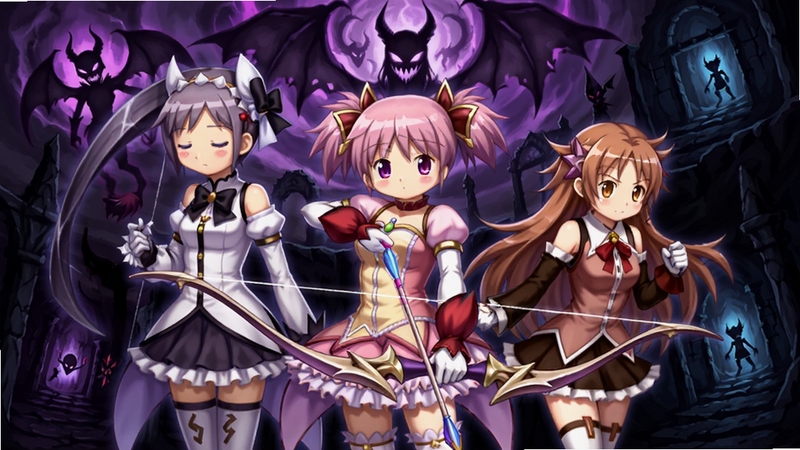 魔法少女小圆:魔渊战记(国际服) 游戏主视觉图,多位经典魔法少女角色集结,背景是深邃魔女结界与暗黑迷宫,画面中央是主角鹿目圆手持长弓,周围环绕着巴麻美学姐与佐仓杏子,整体风格华丽且带有暗黑奇幻色彩,高精度游戏原画