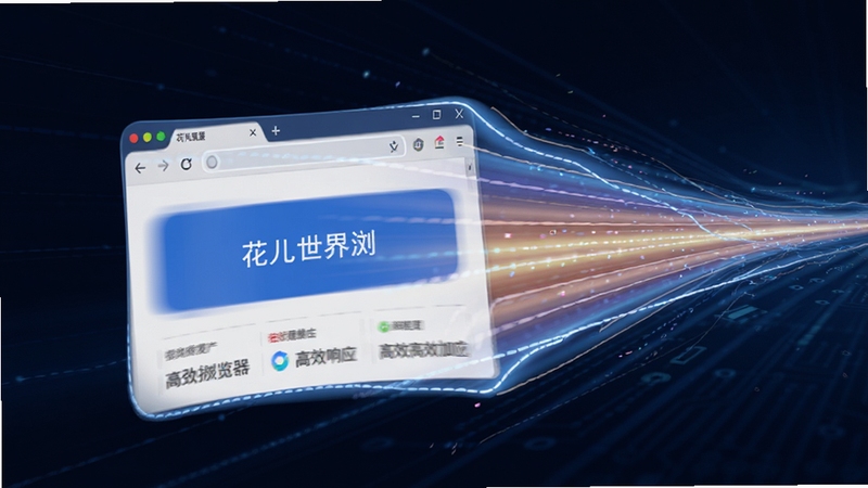 展示花儿世界浏览器极速加载网页的抽象画面,画面中一个高速运行的浏览器窗口拖拽出光速残影,周围有代表速度的流线型线条,背景为科技感十足的深蓝色,突出性能强劲与高效响应的特点。