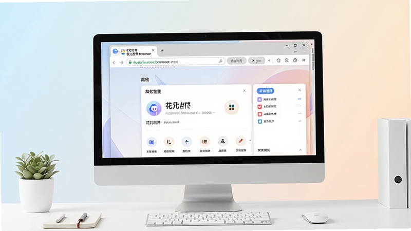 一张现代简约风格的电脑桌面场景,屏幕中央显示着花儿世界浏览器的完整界面,背景为浅色渐变,界面布局清晰,地址栏与标签栏醒目,整体画面明亮通透,突出软件清爽与高效的核心特点。
