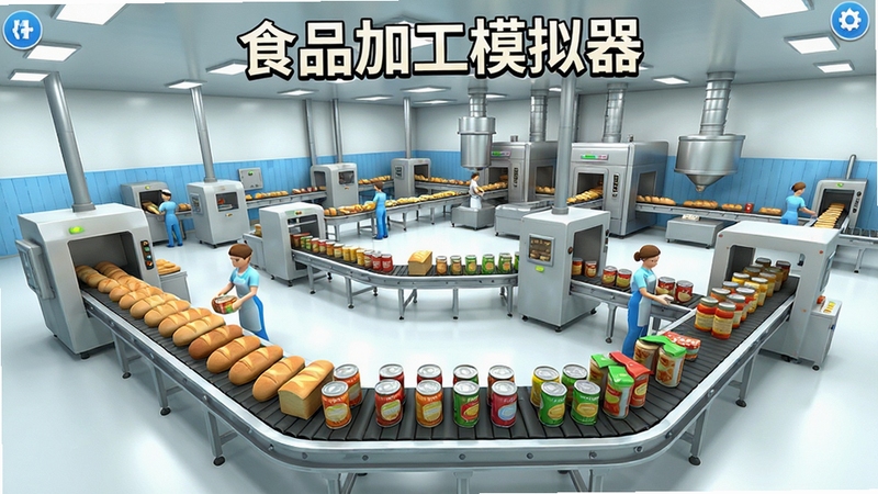 食品加工模拟器全景预览图,画面展示现代化食品工厂内部,多条流水线同时运转,传送带上摆满面包、罐头等食品,工人与机器协作,背景为大型加工设备,整体明亮整洁,游戏UI风格,3D视角,细节丰富,标题文字“食品加工模拟器”置于画面中央上方