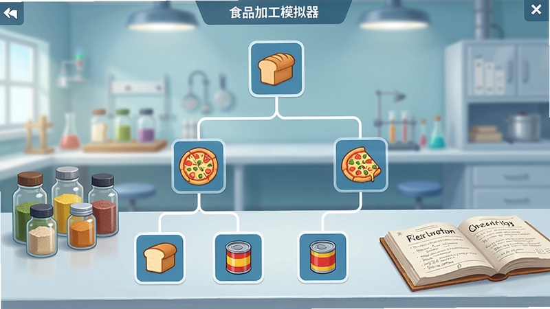 食品加工模拟器研发界面,展示解锁树状图,节点图标为各类食品如面包、披萨、罐头,连线清晰,背景为实验室风格,桌面摆放原料瓶与配方书,画面明亮,强调研发系统