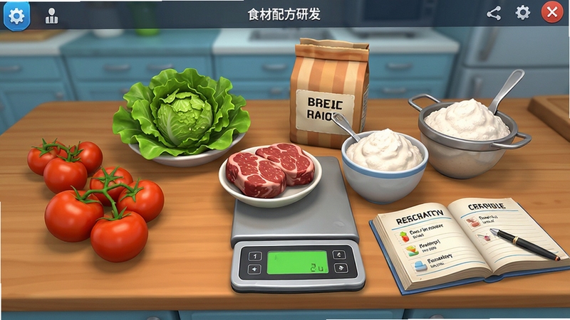 食品加工模拟器食材配方研发界面,展示多种新鲜食材摆放在操作台上,包括番茄、生菜、牛肉、面粉等,旁边有电子秤和配方书,画面色彩鲜艳,细节丰富,3D写实风格