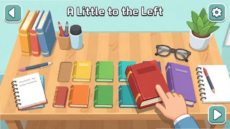 《A Little to the Left》游戏截图,展示一个书桌场景,桌面上散落着书籍、文具和眼镜,玩家需要将它们按颜色深浅排列,画面中有一只手正在拖动一本红色封面的书,游戏界面简洁,提示图标清晰,整体风格清新明快